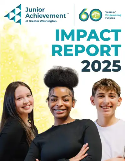 Cover photo of the impact report document, three high school students